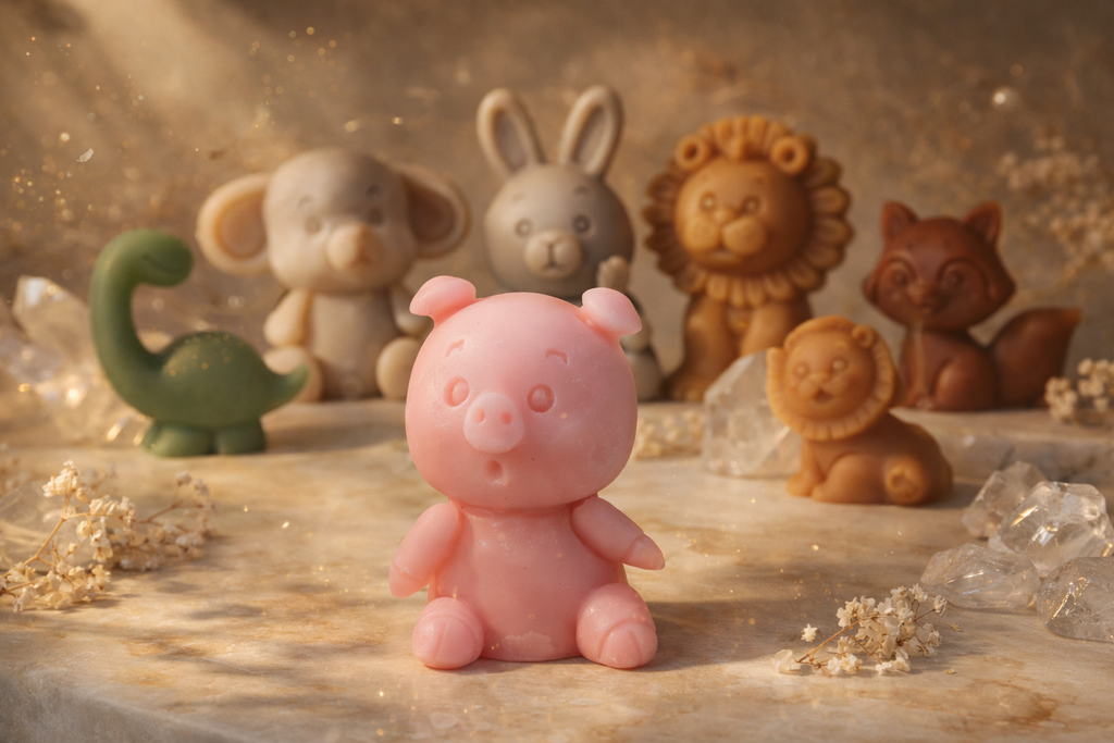 Wax melts artesanales Bestiario de Luz con figuras de animales en cera natural, colección de aromas para el hogar fotografiada en escena editorial de lujo sobre mármol con iluminación cálida.