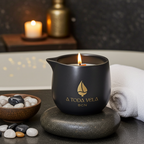 Vela aromática Kohaku Hada de A Toda Vela BCN en vaso negro con logo dorado, encendida en un ambiente de spa con toallas, piedras decorativas y ambiente relajante.