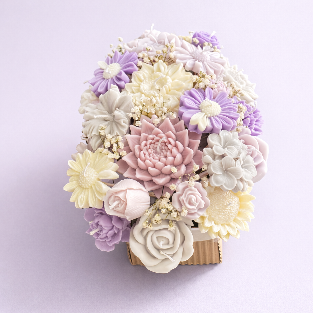 Centro floral artesanal en cera con flores en tonos lavanda, rosa empolvado y marfil, composición romántica para decoración de bodas elegantes.