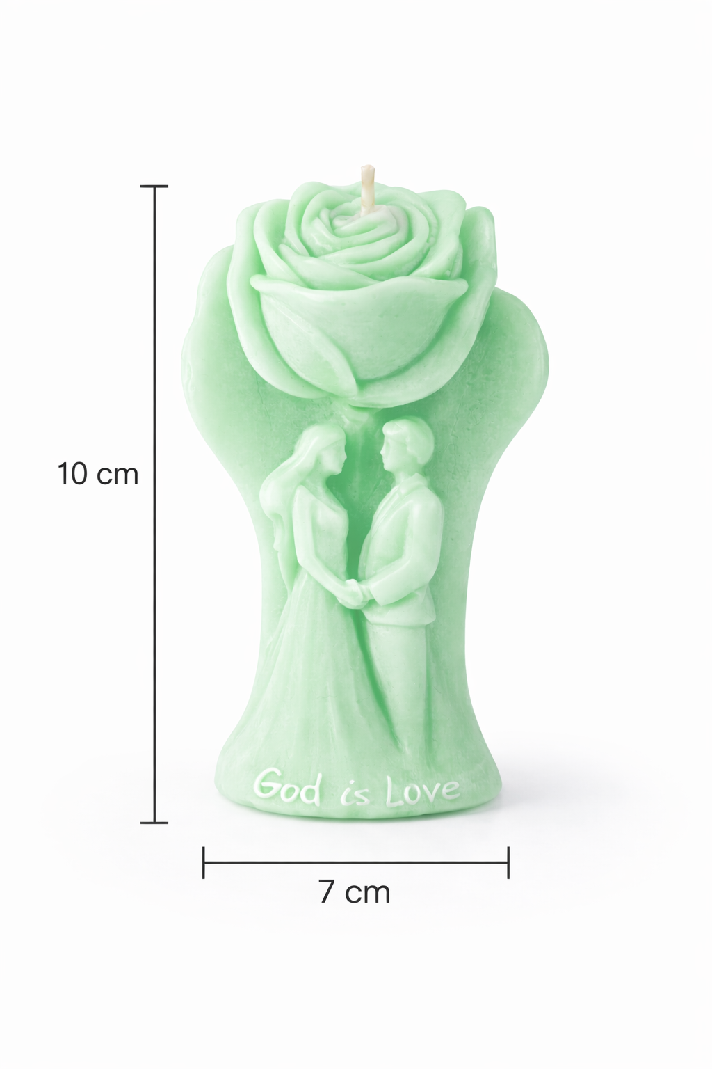Vela romántica con relieve de pareja y rosa superior de 10 cm de alto y 7 cm de ancho, realizada en cera natural color verde pastel, diseño elegante con inscripción “God is Love”, pieza decorativa ideal para detalle de boda o regalo espiritual.