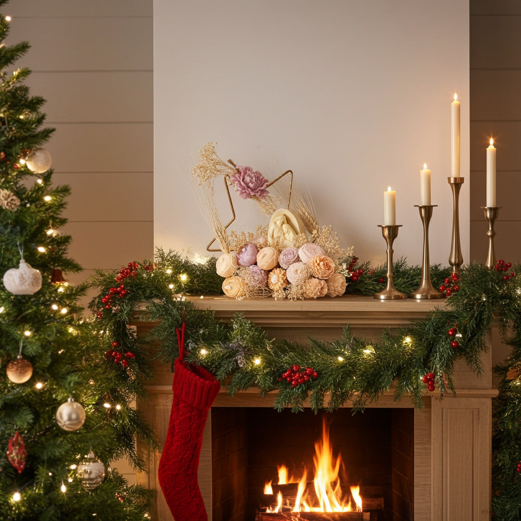 Vela Nacimiento Navideño Flores en chimenea, rodeada de guirnaldas, velas doradas y árbol de Navidad.