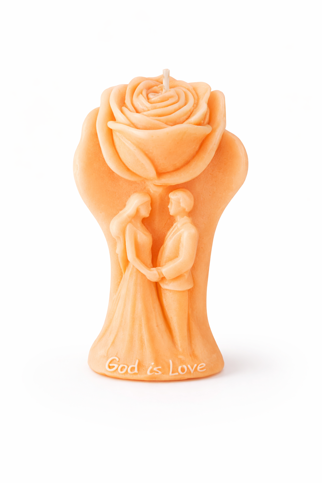 Vela decorativa romántica en tono naranja cálido con figura de pareja bajo rosa en relieve, fabricada en cera natural premium, diseño escultórico con inscripción “God is Love”, pieza elegante para aniversario, boda o decoración espiritual sofisticada.