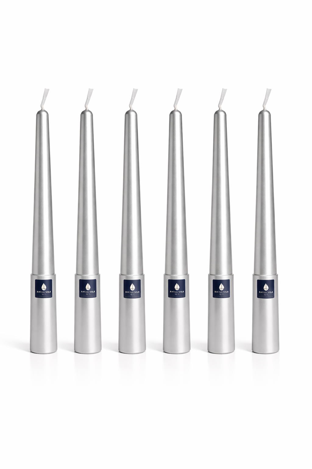 Pack de 6 velas cónicas Áurea Magna Plateada, velas artesanales de alta g ama para bodas, eventos y decoración de lujo.