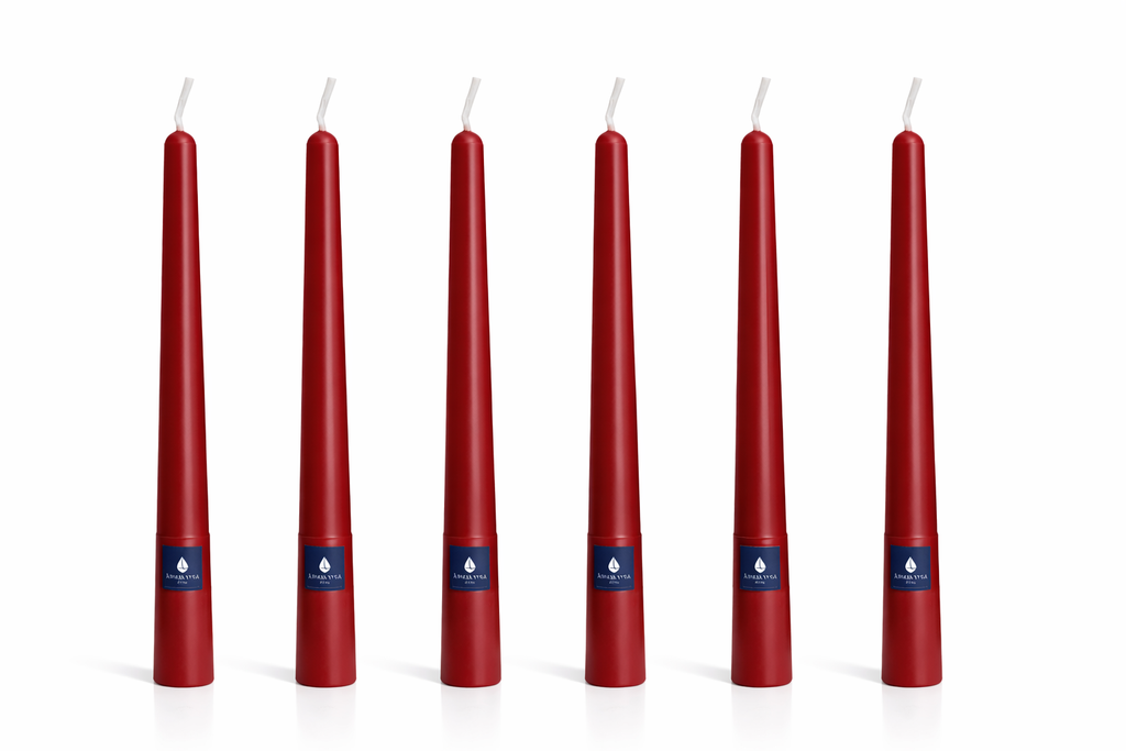 Pack de 6 velas cónicas Áurea Magna Carmesí, velas artesanales de alta gama para bodas, eventos y decoración de lujo.