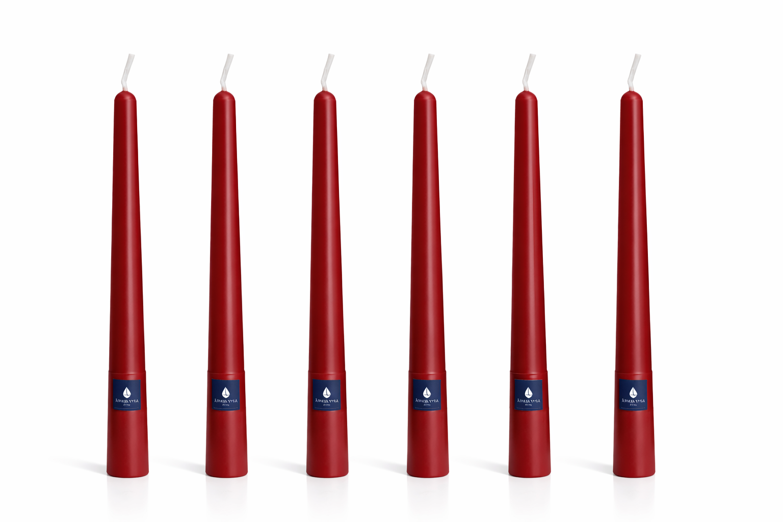 Pack de 6 velas cónicas Áurea Magna Carmesí, velas artesanales de alta gama para bodas, eventos y decoración de lujo.