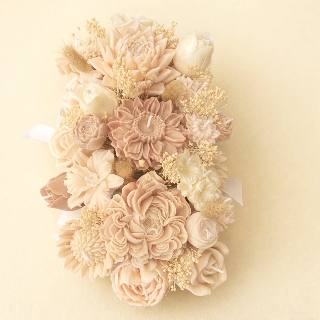 Centro de mesa artesanal de velas florales en paleta beige y marrón, diseño romántico y atemporal con acabado de lujo, ideal para wedding planners y decoración premium.