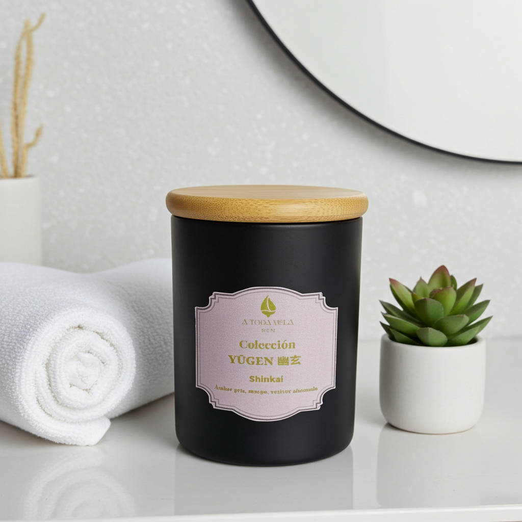Vela Masaje Shinkai Lujo, en vaso cerámico negro con tapa de bambú, sobre un lavabo de mármol blanco para un ritual de baño y spa.