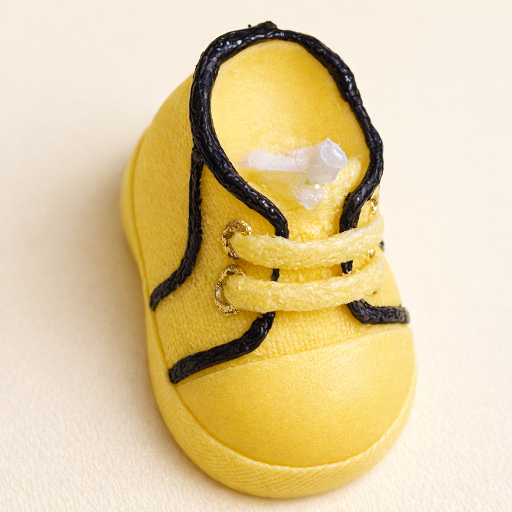 Vista superior de vela artesanal en forma de zapatito de bebé color amarillo suave, realizada en cera natural con acabados detallados, fotografía de producto elegante con estética editorial contemporánea.
