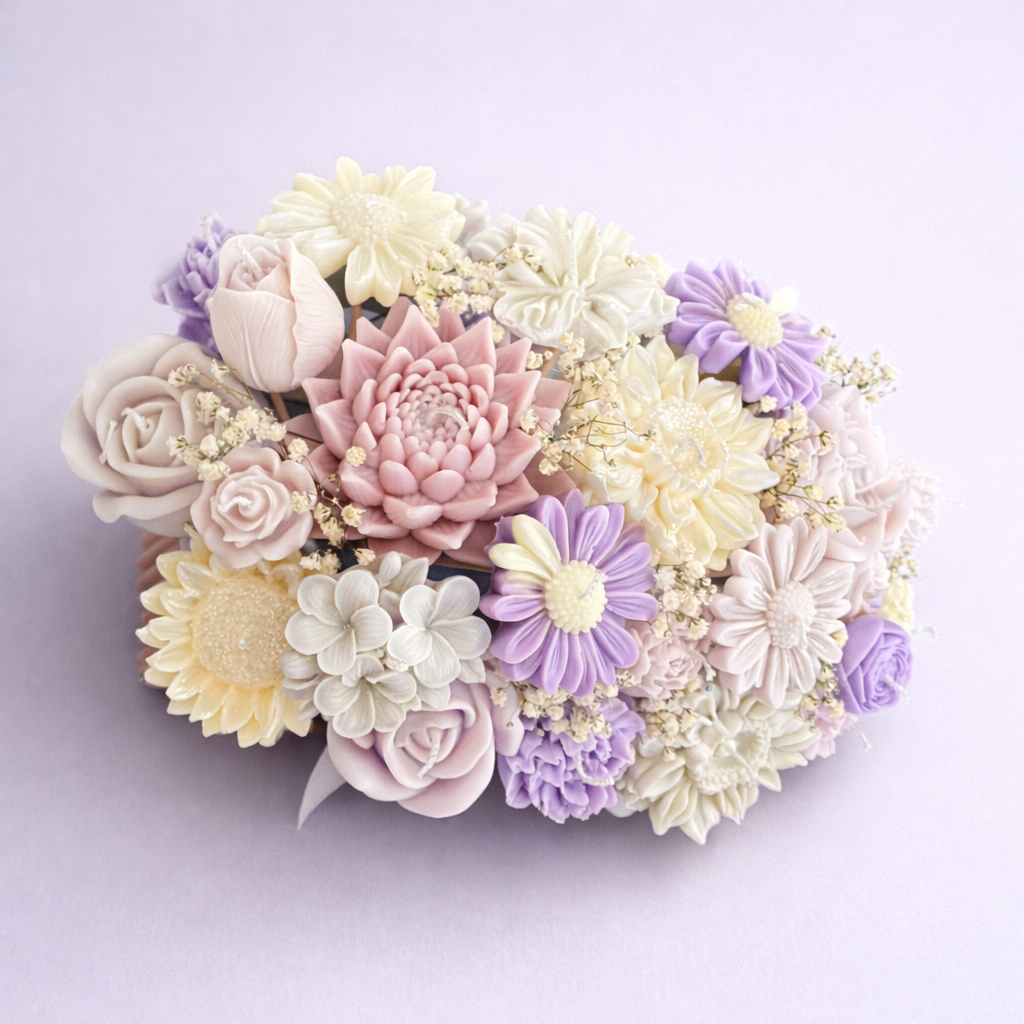 ista superior de centro floral artesanal de velas en tonos lavanda, blanco perla y rosa nude, pieza decorativa premium para mesas de boda elegantes.