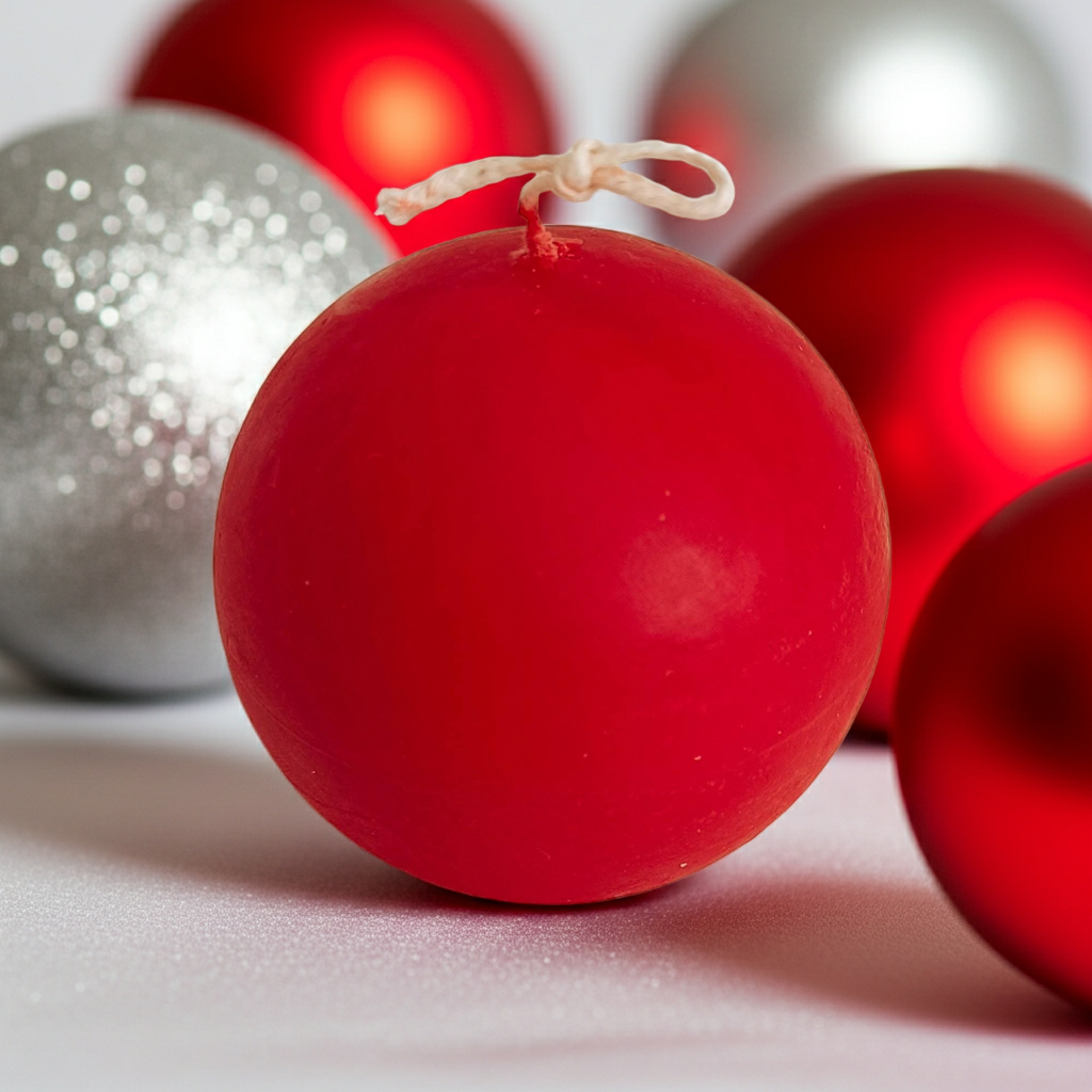 Vela Roja Navidad Colgar, forma esférica perfecta, rodeada de adornos navideños plateados y rojos.