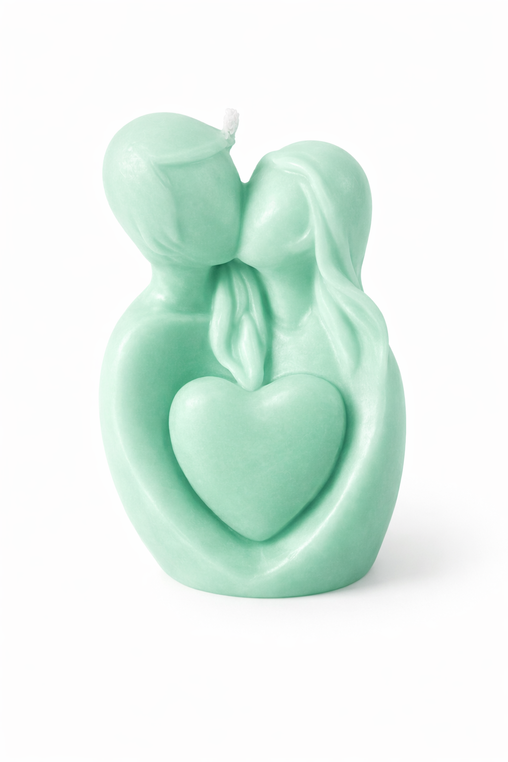 Vela decorativa verde menta con figura abstracta de pareja y corazón central, escultura moderna en cera natural premium, pieza romántica minimalista para interiorismo elegante y regalo exclusivo.

Si quieres, Capitán, puedo:
