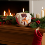 Vela Bola Navidad Muñeco Nieve encendida, decorando repisa de chimenea con guirnaldas y medias rojas.
