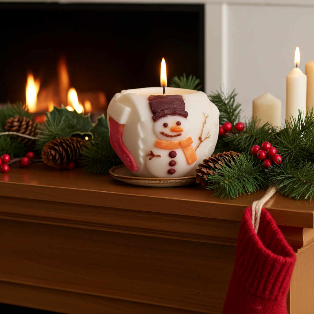 Vela Bola Navidad Muñeco Nieve encendida, decorando repisa de chimenea con guirnaldas y medias rojas.