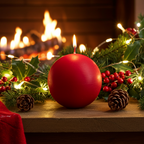 Vela Bola Roja Navidad Colgar encendida, centro de mesa en repisa de chimenea con decoración festiva.