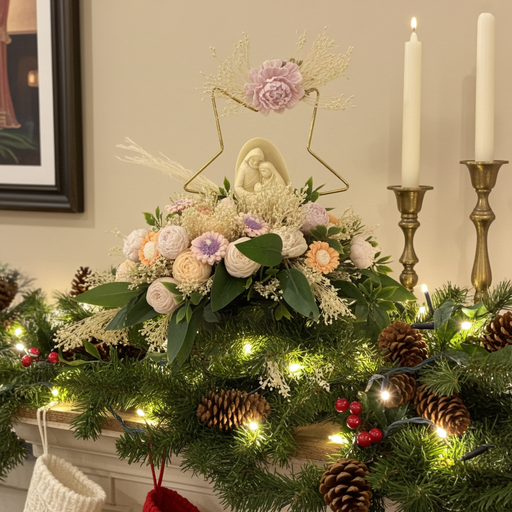 Centro de Velas Roma con figuras de cera esculpidas, decoración floral y luz cálida en un ambiente navideño elegante