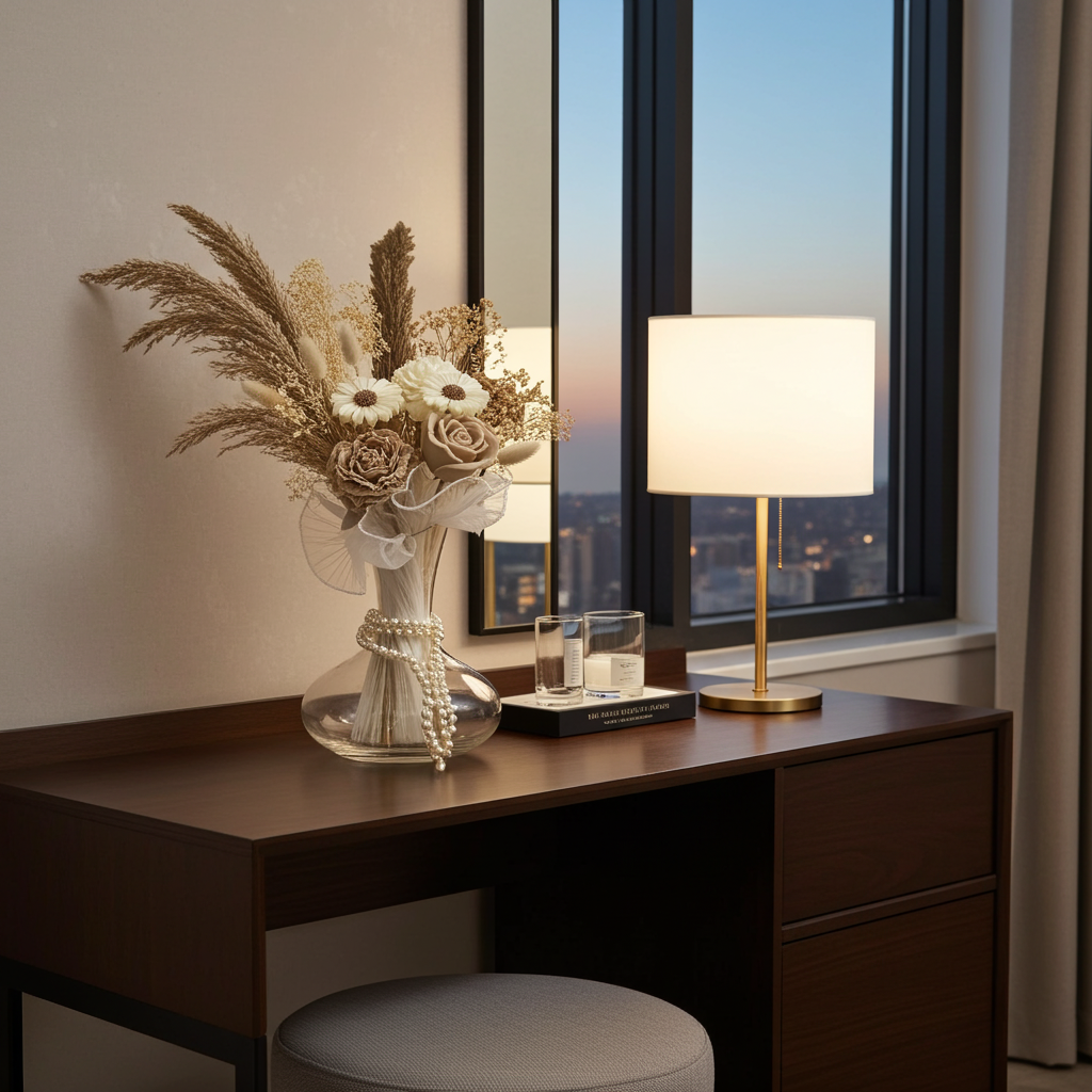 Centro de Mesa Elegante de Cera "Nápoles" con Rosas y Margarita Secas, Jarron de Cristal con Perlas, Decoración de Lujo Neutra para Hogar