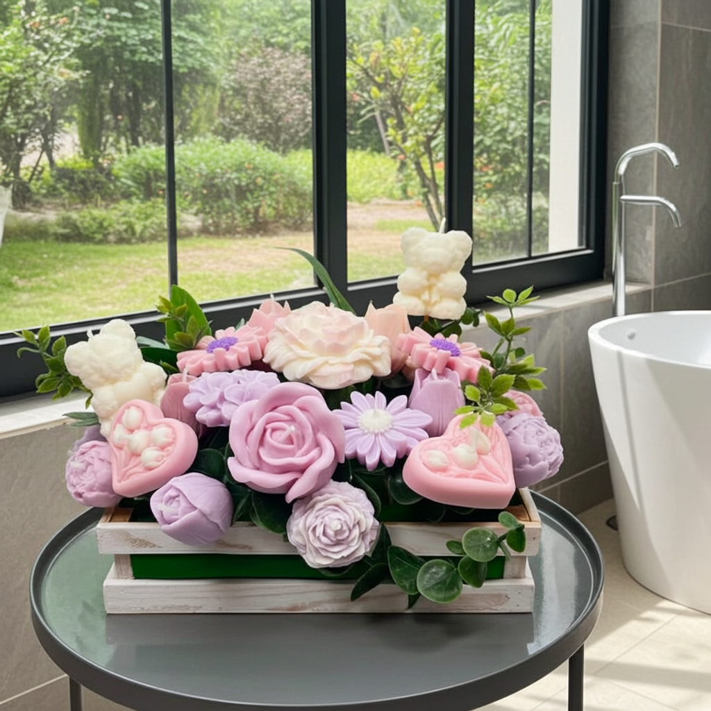 **Centro Floral de Cera Valencia para Eventos, Arreglo de Flores y Ositos Pastel en Caja de Madera Blanca, Velas Artesanales para Bodas y Bautizos**