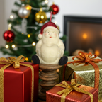 Vela de Papá Noel decorando un centro de mesa navideño.