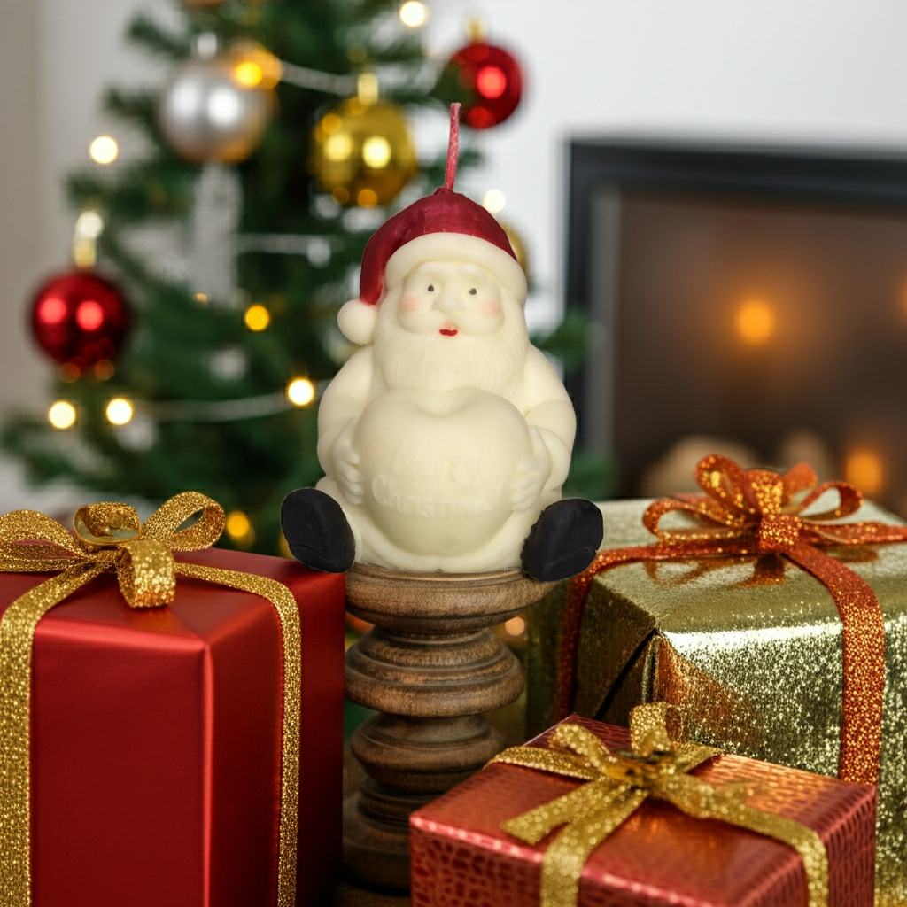 Vela de Papá Noel decorando un centro de mesa navideño.