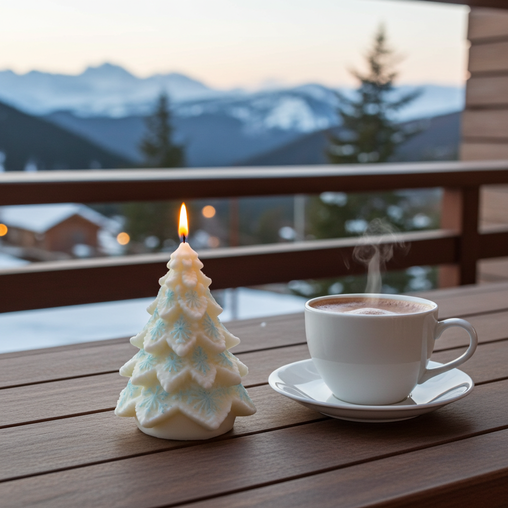 Vela artesanal de árbol de Navidad con detalles de copos de nieve azules sobre fondo plateado.