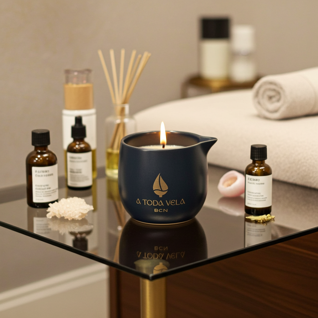 Vela Masaje Mai no Kaori encendida, en vaso cerámico azul marino, rodeada de aceites esenciales y toallas para un ritual de spa.