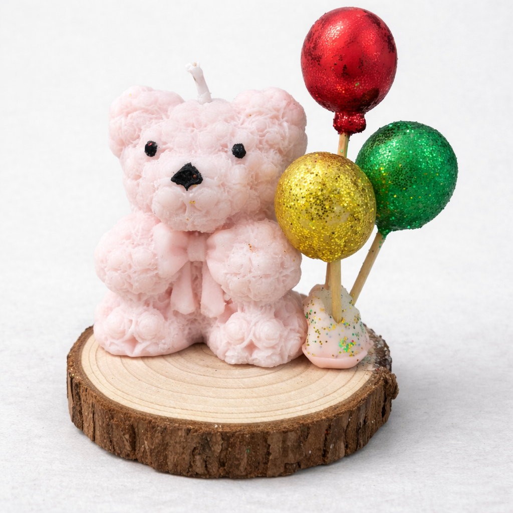 Vela de diseño en forma de osito rosa pastel con globos decorativos en tonos festivos, elaborada en cera artesanal, fotografía de producto premium con fondo blanco.