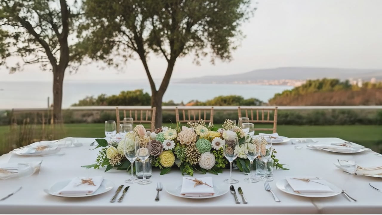 Video de Centro de Mesa de Cera "Alejandría" Dominando Mesa de Boda, Decoración de Evento de Lujo en Jardín