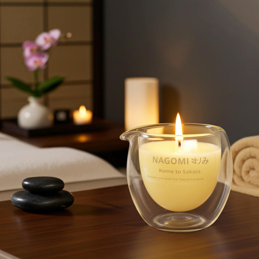 Vela de masaje Kome to Sakura colección Nagomi en vaso negro elegante con logo dorado, encendida en ambiente spa relajante.