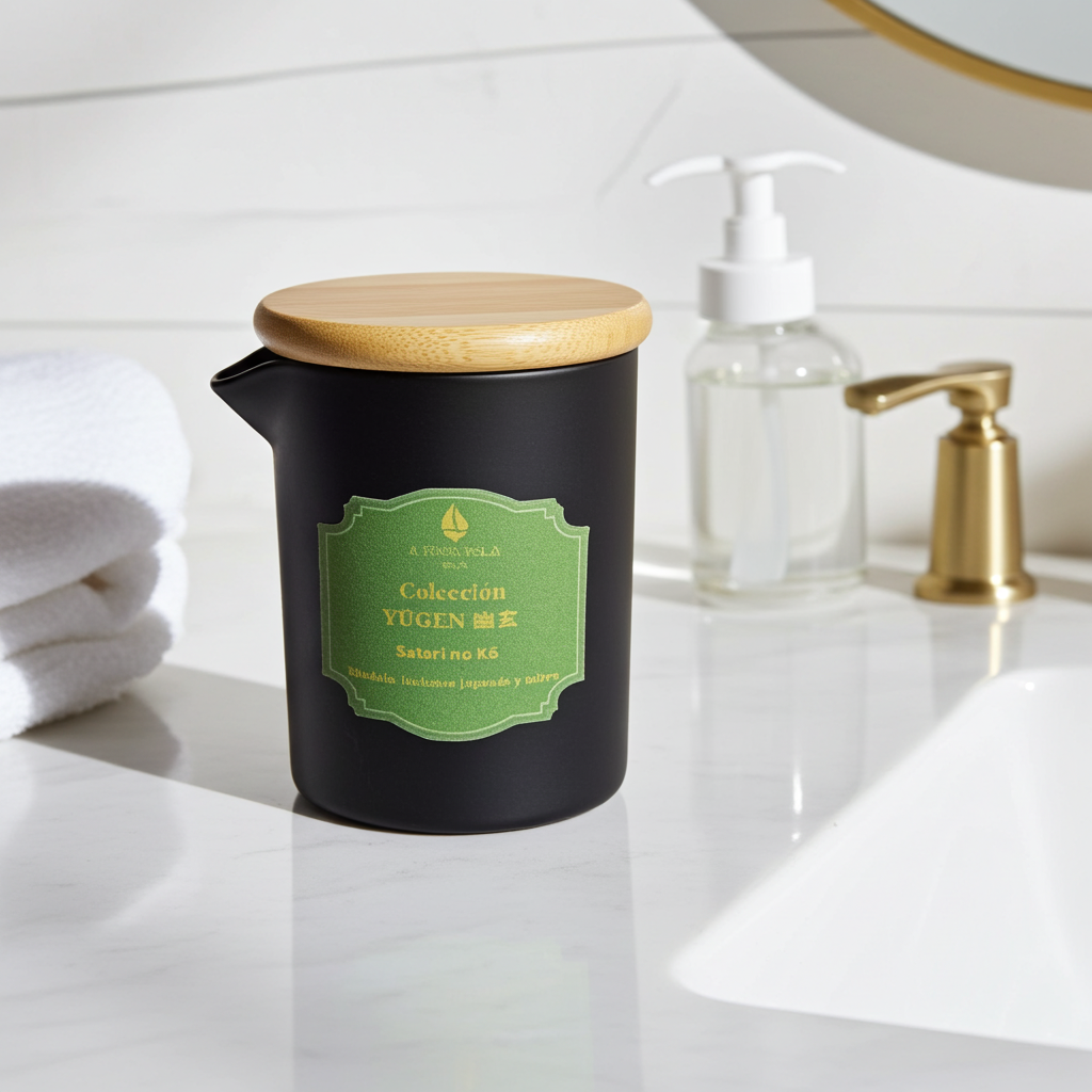 Vela Masaje Satori no Kō en vaso cerámico negro con tapa de bambú, sobre un lavabo de mármol blanco para ritual de baño.